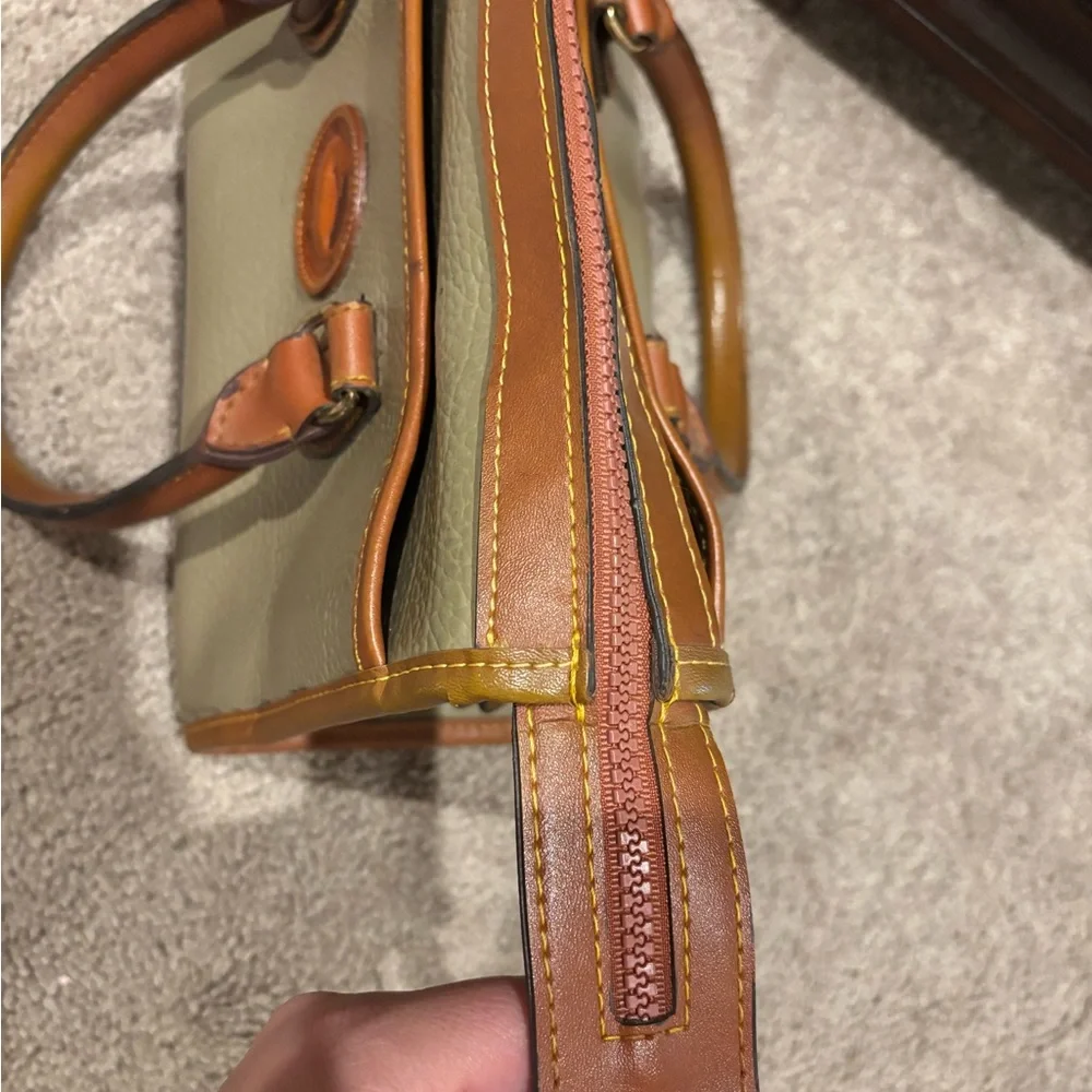 Dooney & Bourke Olive Green Pebbled Leather Satchel with Tan Trim